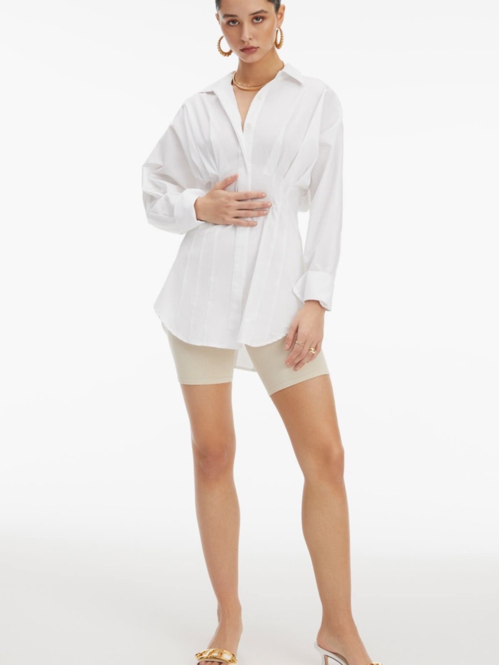 Good American White Pleated Button-Down Shirt